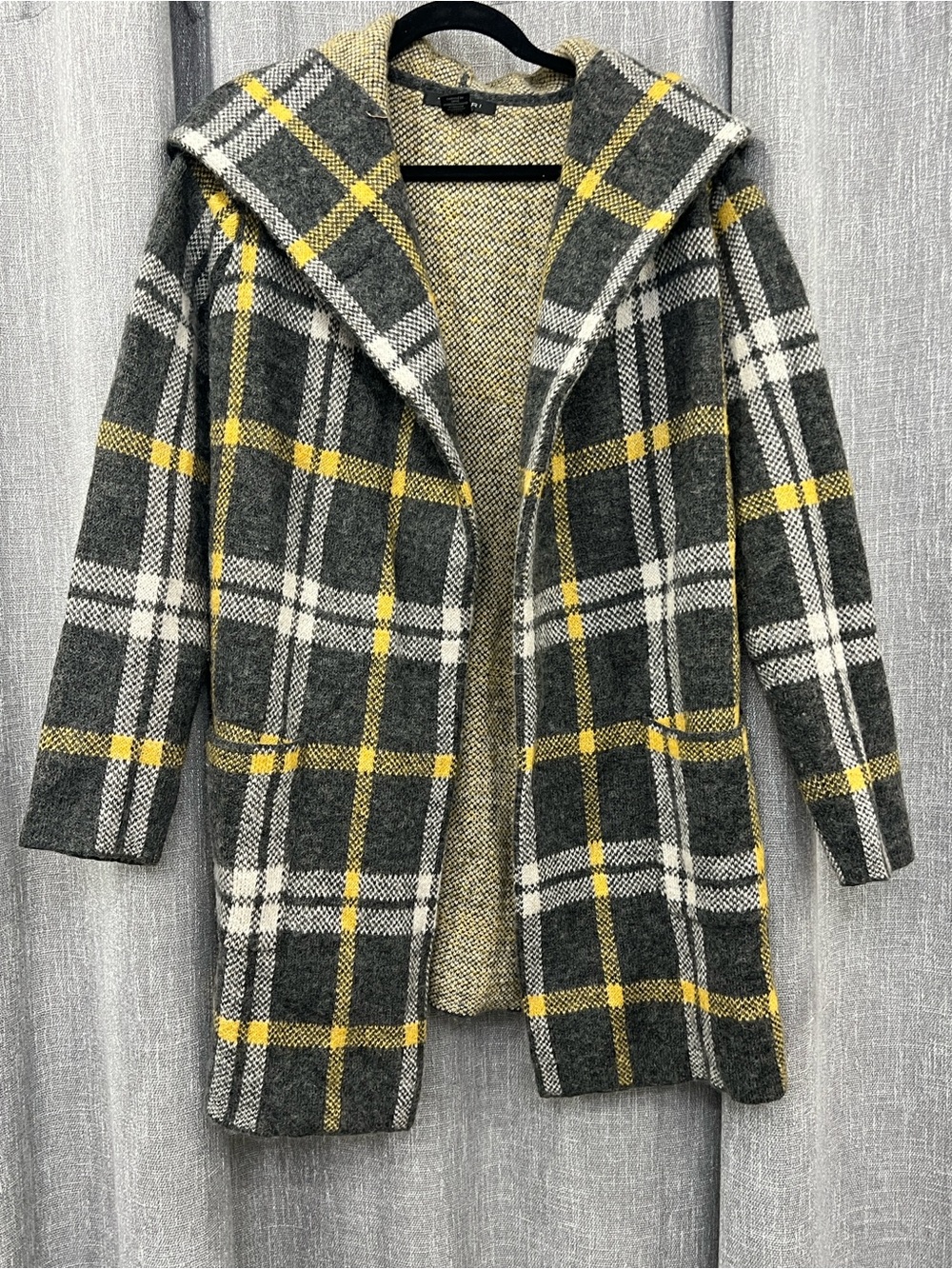 Tahari Gray, White & Yellow Plaid Hooded Trench Coat